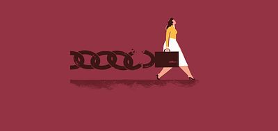 Illustration of a woman walking as a chain breaks behind her_Money in Motion_Deb Nelson_Large Crop